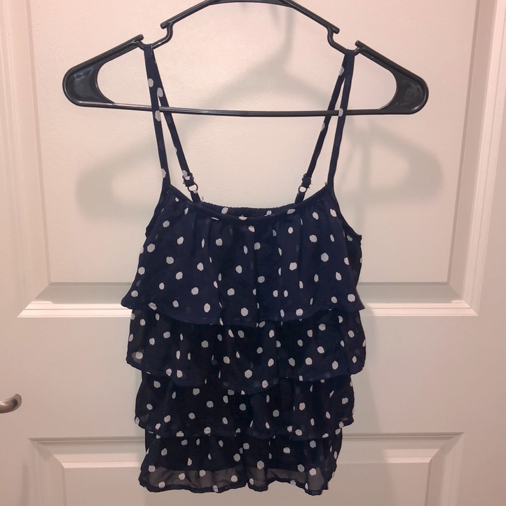 Blue and white polka dot ruffle tank by Cherokee